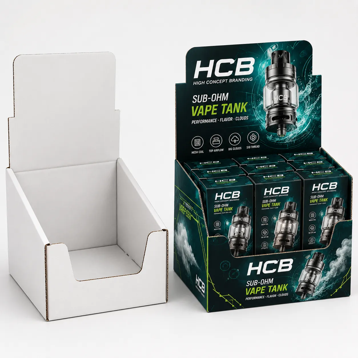 Custom printed cardboard counter display boxes for retail vape tanks shown with a blank white sample. class=